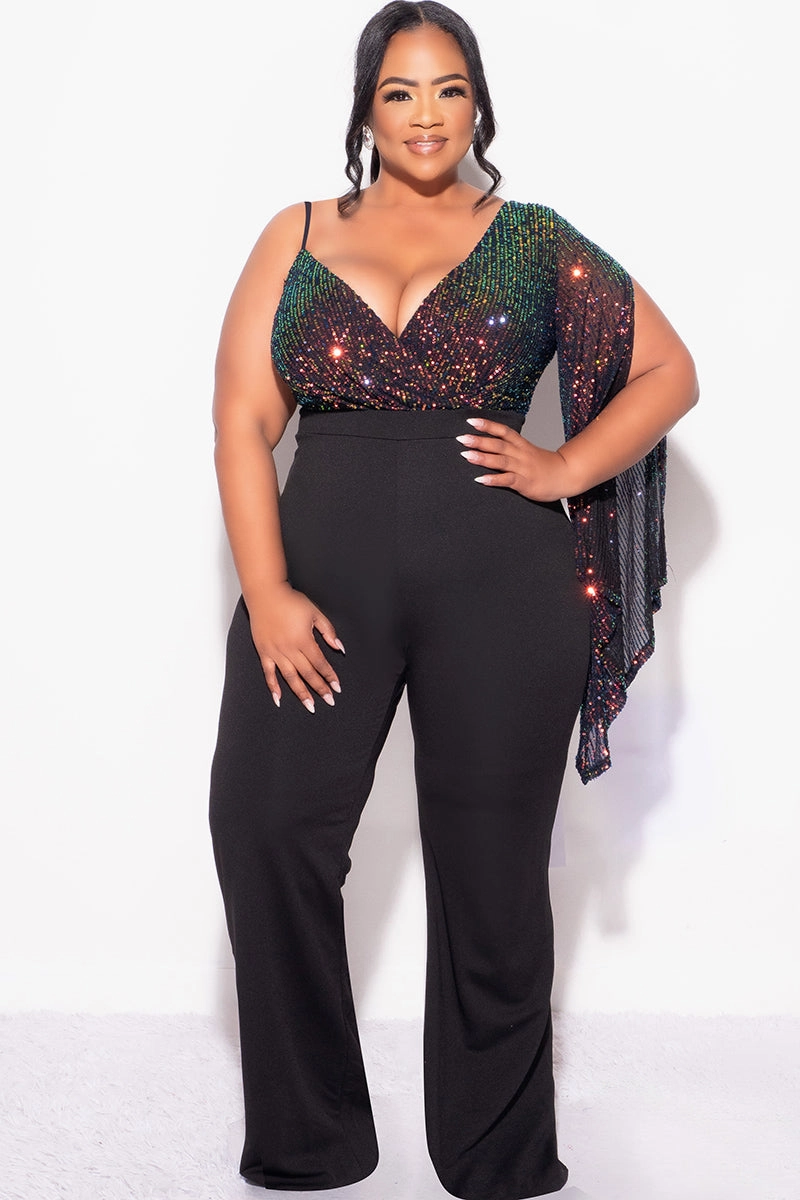 FoamReinforcedCollar Built In Filter Layer Final Sale Plus Size Multi Color Sequin Faux Wrap One Shoulder Jumpsuit with Slit Sleeve in Black