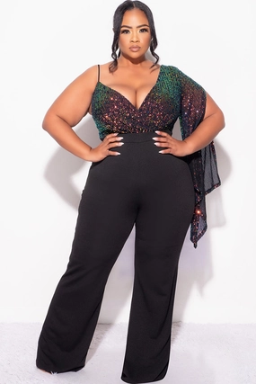 QuickDryTech Airflow Optimized Weave Final Sale Plus Size Multi Color Sequin Faux Wrap One Shoulder Jumpsuit with Slit Sleeve in Black