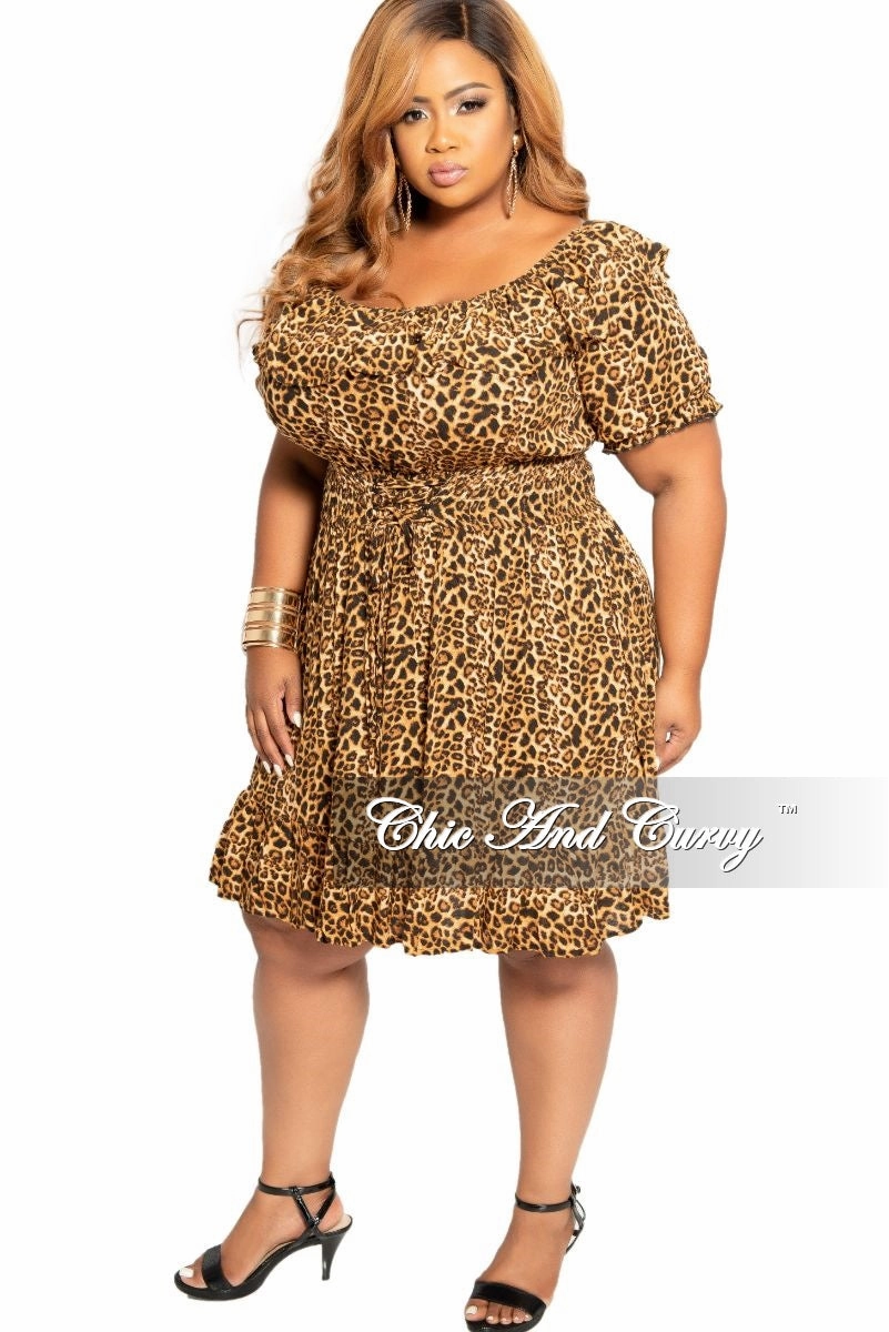 Wind Resistance Comfort Layer Final Sale Plus Size Off the Shoulder Dress with Corset Waist in Leopard Print