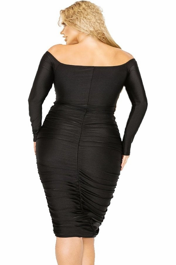 Lightweight Thermal Final Sale Plus Size Off the Shoulder Midi BodyCon Dress in Black