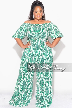Tough Flex Chill Style Final Sale Plus Size Off the Shoulder Pleated Tie Top and Palazzo Pants Set in Green and White