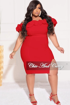 AllClimateAdaptive Reinforced Hem Stitching Final Sale Plus Size Off the Shoulder Ruffle BodyCon Dress with Side Slit in Red