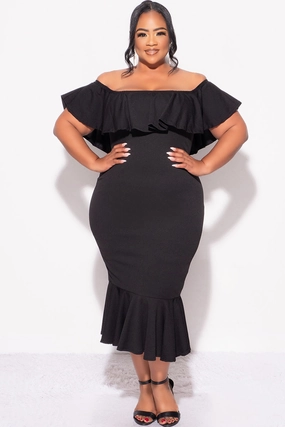 Flexible Hemline Final Sale Plus Size Off the Shoulder Ruffle Dress in Black