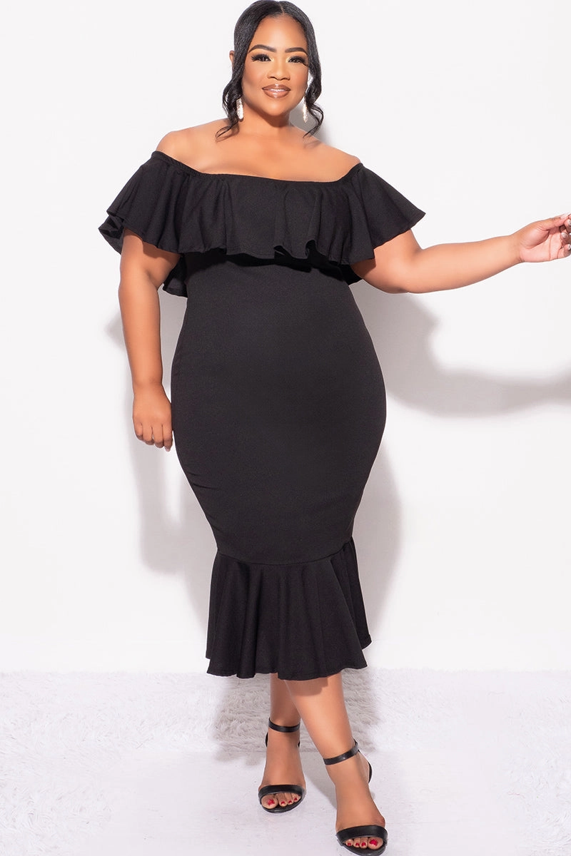 Odor Neutralizing Technology Soft Touch Blend Final Sale Plus Size Off the Shoulder Ruffle Dress in Black