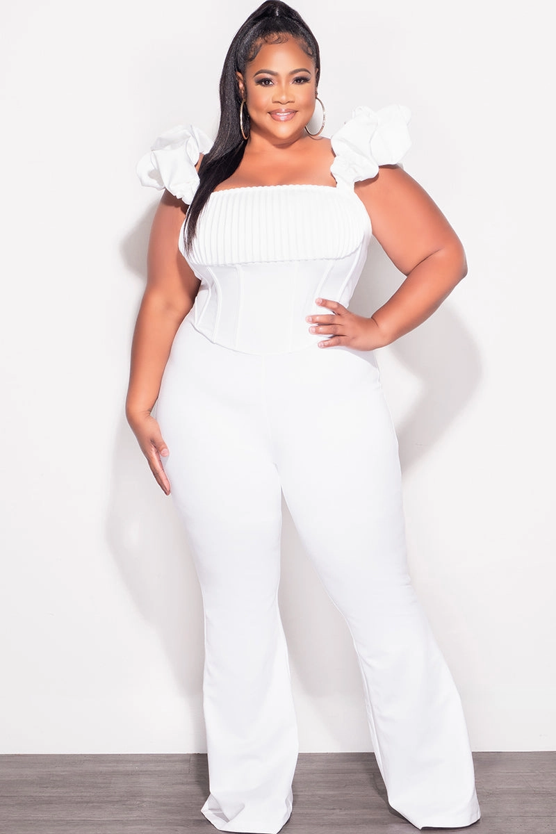 Final Sale Plus Size Off the Shoulder Ruffle Sleeve Pleated Corset Jumpsuit in White Body shaping Flex Fit