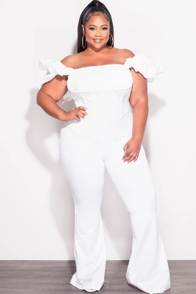 Performance Layer Final Sale Plus Size Off the Shoulder Ruffle Sleeve Pleated Corset Jumpsuit in White