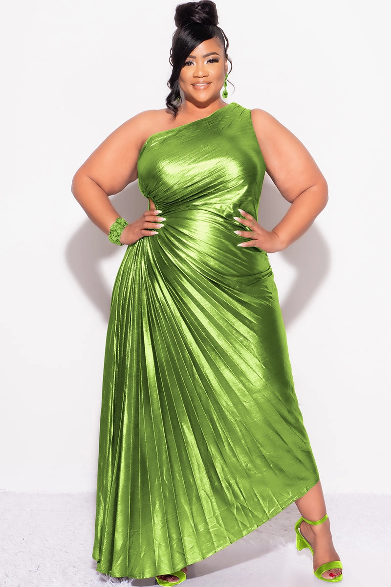 Final Sale Plus Size One Shoulder Asymmetric Pleated Dress with Cut Out in Metallic Moss Green Convertible Sleeve Adaptation Anti Bacterial Layer
