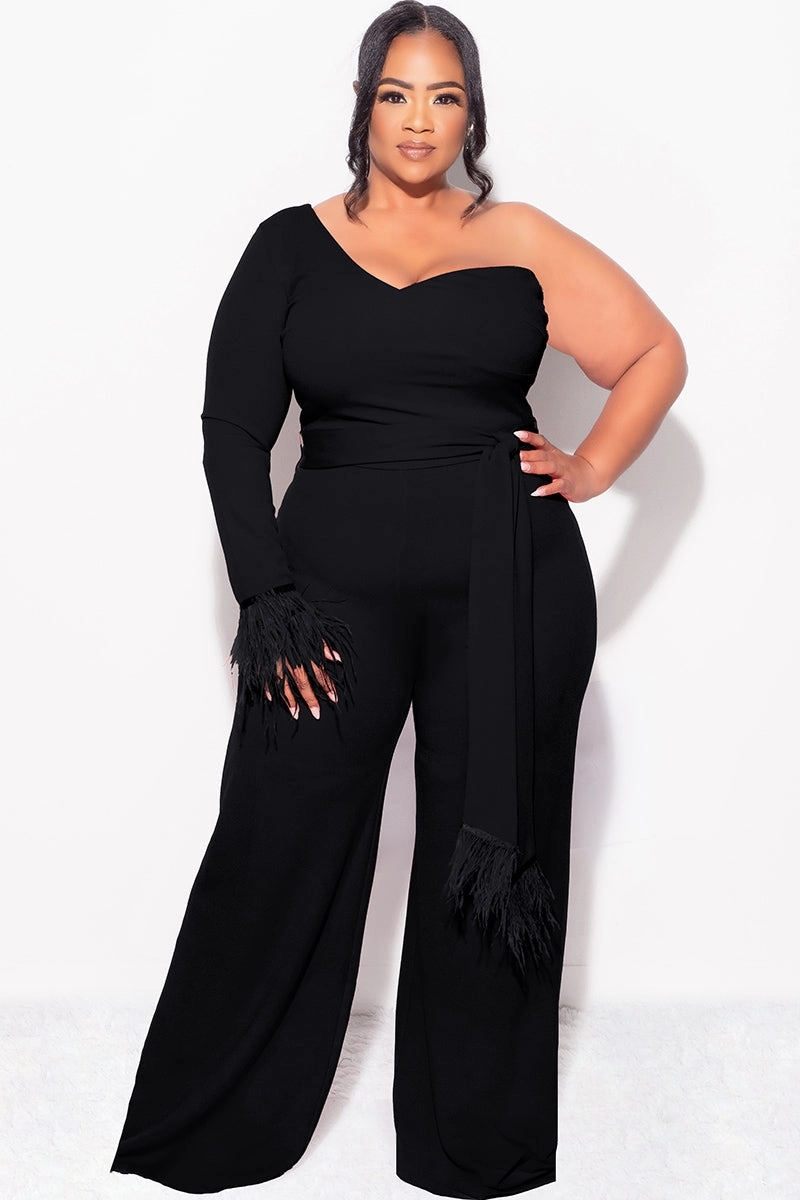 RollUpCuff Final Sale Plus Size One Shoulder Long Sleeve Feather Cuff Jumpsuit with Tie in Black