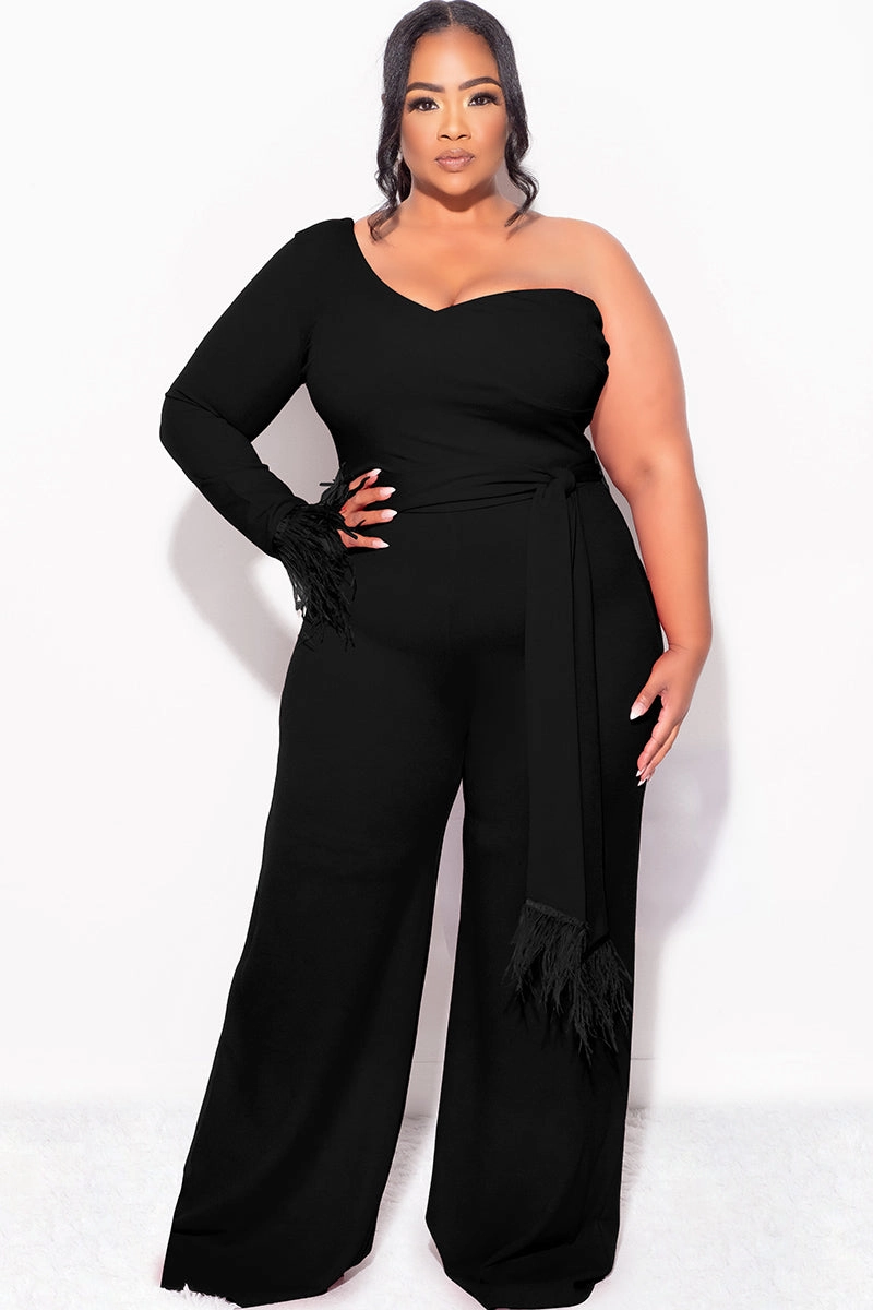 Final Sale Plus Size One Shoulder Long Sleeve Feather Cuff Jumpsuit with Tie in Black FasteningHood Non Irritating Label