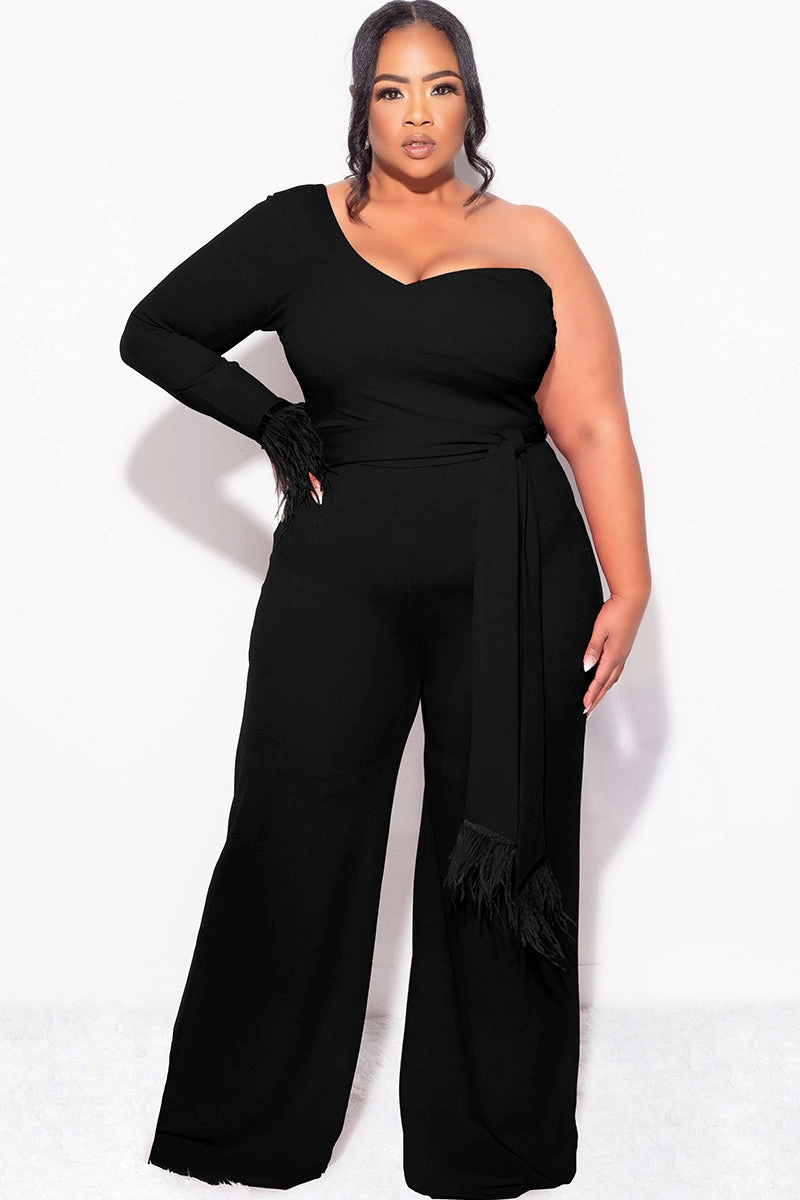Final Sale Plus Size One Shoulder Long Sleeve Feather Cuff Jumpsuit with Tie in Black Printed top