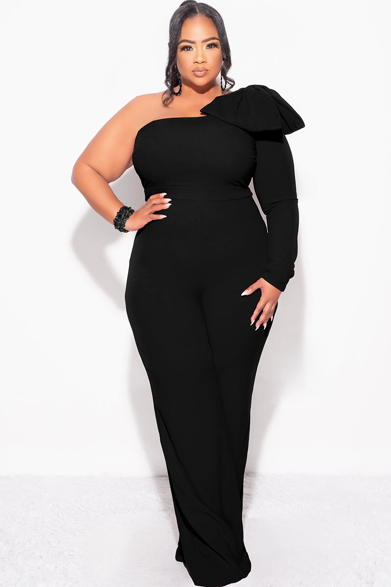 Final Sale Plus Size One Shoulder Long Sleeve Jumpsuit with Bow in Black Classic Hoodie V Neck Design