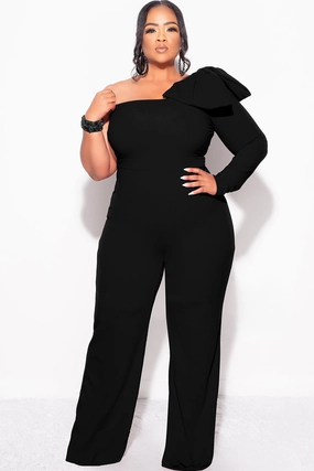 Final Sale Plus Size One Shoulder Long Sleeve Jumpsuit with Bow in Black Chic Sweater Stain Repellent Coating