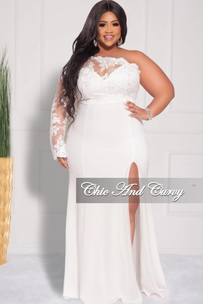 Soft Blended Fabric Final Sale Plus Size One Shoulder Long Sleeve Lace Detail Gown with Side Slit in Ivory