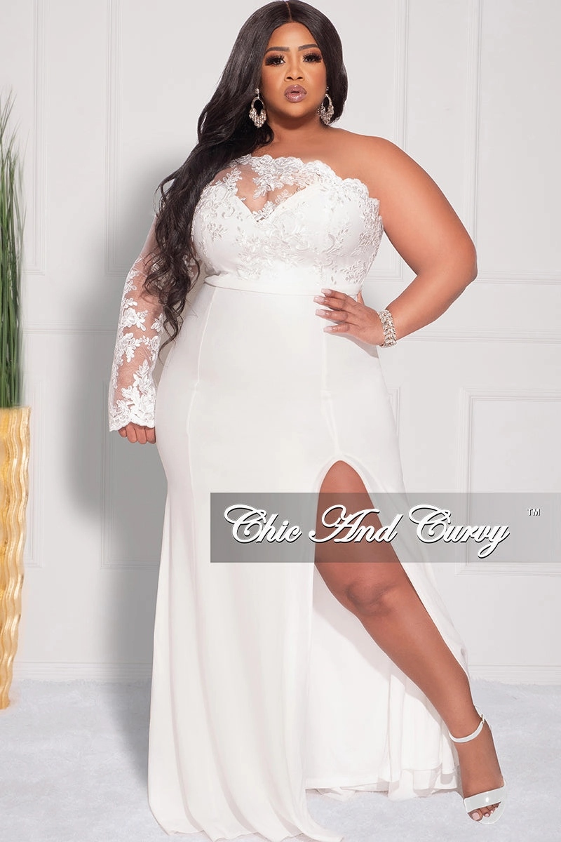 QuickRelease Final Sale Plus Size One Shoulder Long Sleeve Lace Detail Gown with Side Slit in Ivory