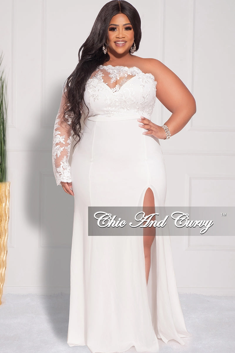 QuickPackFoldableDesign Final Sale Plus Size One Shoulder Long Sleeve Lace Detail Gown with Side Slit in Ivory