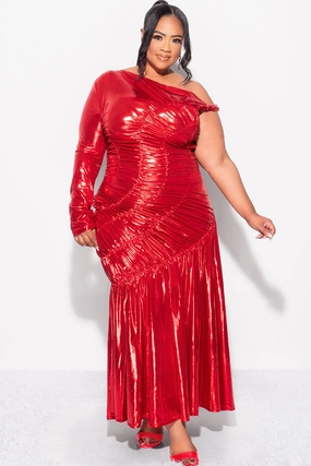 Final Sale Plus Size One Shoulder Ruched Dress in Metallic Red Fashionable Tank