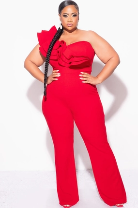 Final Sale Plus Size One Shoulder Ruffle Trim Jumpsuit in Dark Red LayeredCollar