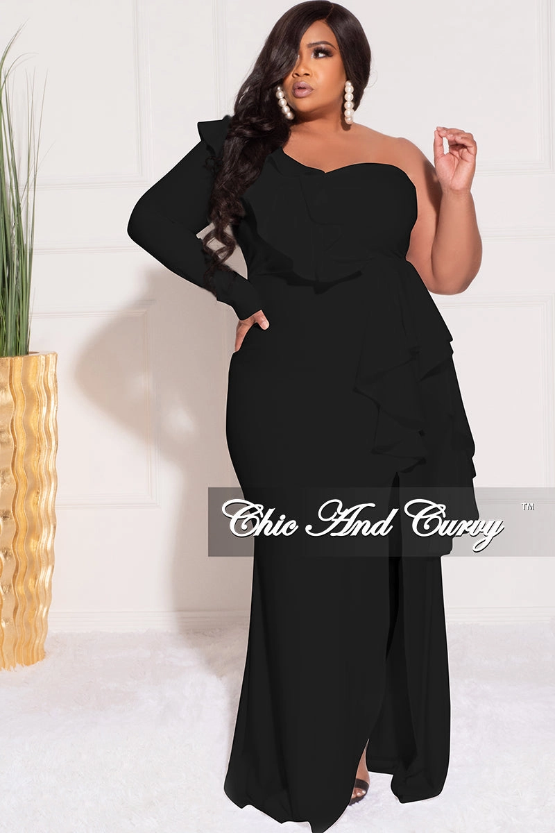 Final Sale Plus Size One Sided Ruffle Gown with Front Slit in Black Breathable Material Unlined Design