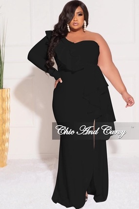 Fade Resistant Dye Ribbed Knit Fabric Final Sale Plus Size One Sided Ruffle Gown with Front Slit in Black