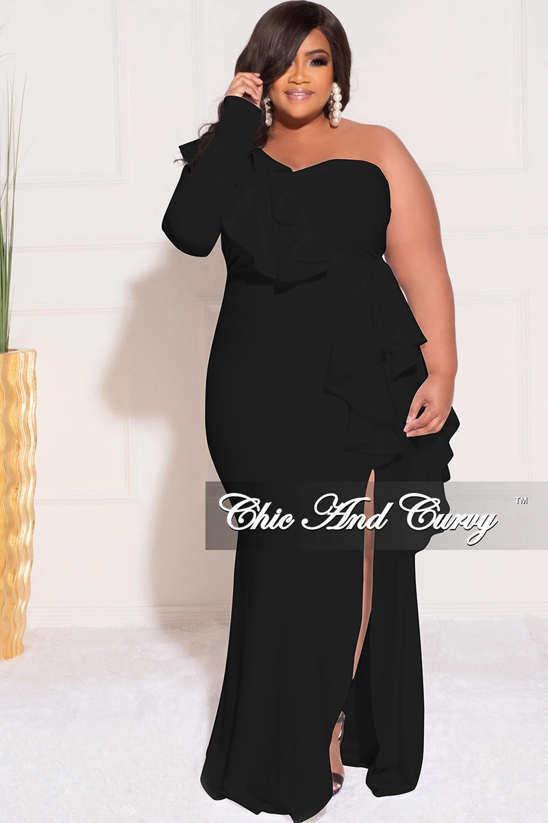 Compact Jacquard Weave Final Sale Plus Size One Sided Ruffle Gown with Front Slit in Black