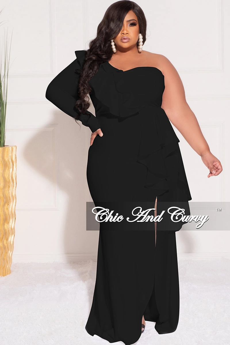 Fade Resistant Dye Ribbed Knit Fabric Final Sale Plus Size One Sided Ruffle Gown with Front Slit in Black
