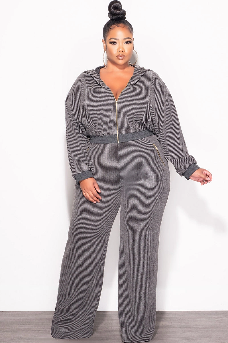 Work Essential Final Sale Plus Size Plush Ribbed 2pc Hooded Zip-Up Jacket and Pants Set in Black