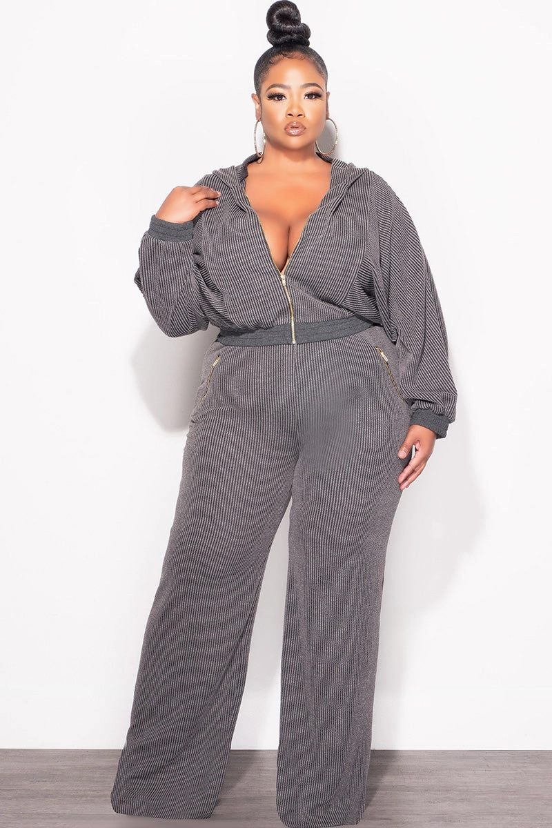 No Frills Fit Final Sale Plus Size Plush Ribbed 2pc Hooded Zip-Up Jacket and Pants Set in Black