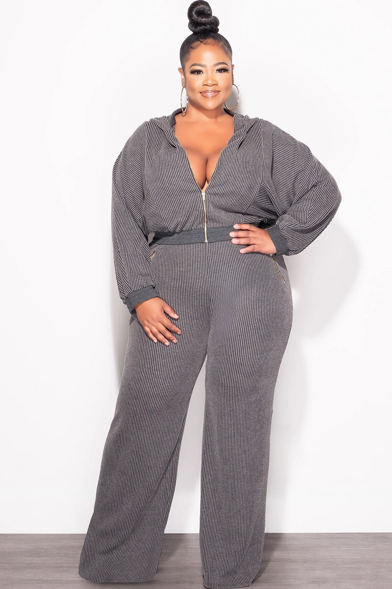 FourWayStretch Trail Comfort Final Sale Plus Size Plush Ribbed 2pc Hooded Zip-Up Jacket and Pants Set in Black