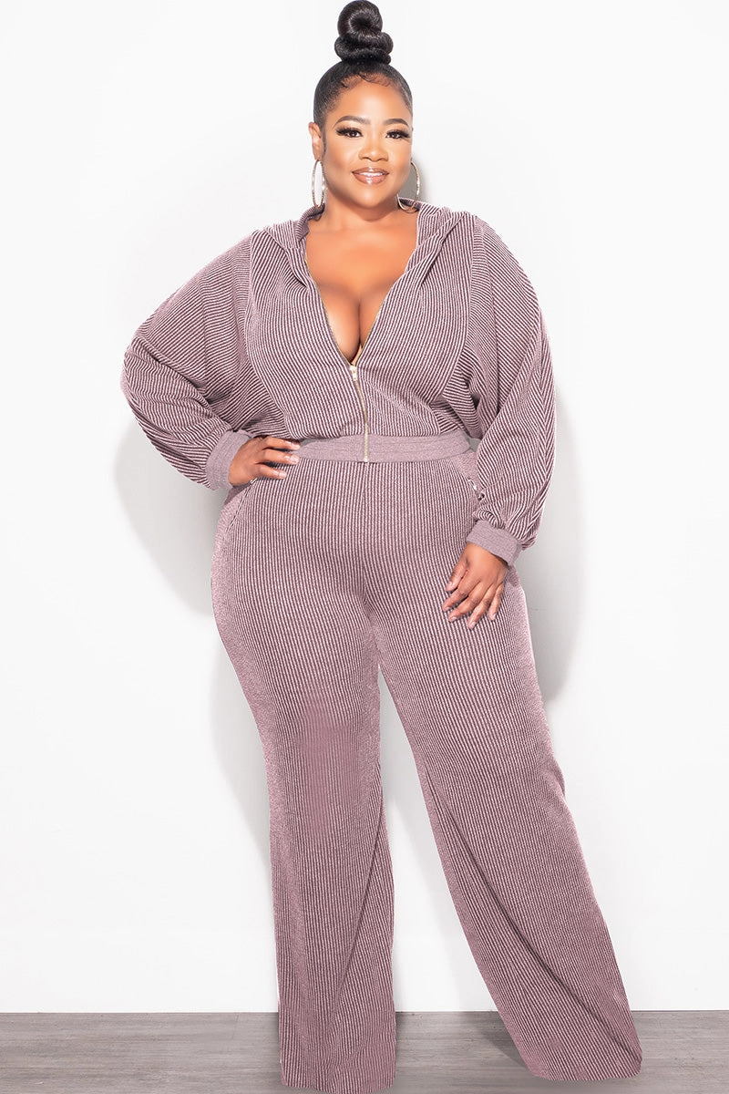 Durable Construction Final Sale Plus Size Plush Ribbed 2pc Hooded Zip-Up Jacket and Pants Set in Lavender
