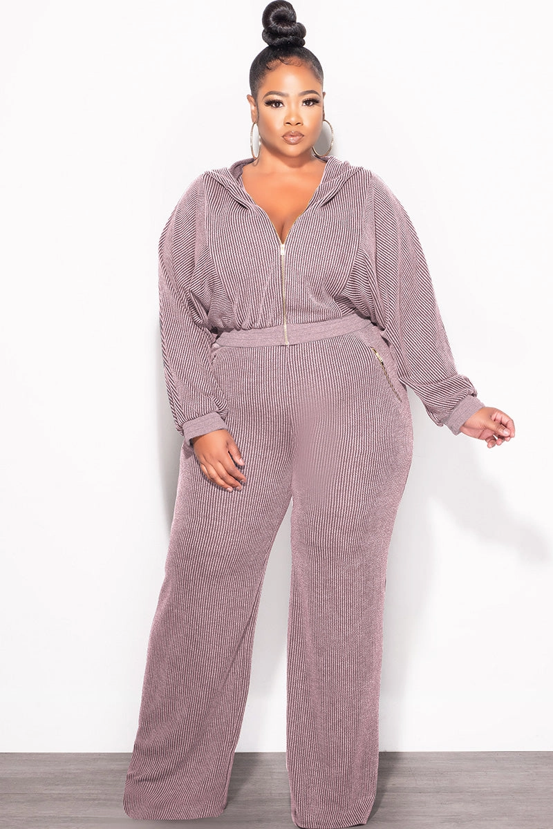 Stay Flexible Street Ready Final Sale Plus Size Plush Ribbed 2pc Hooded Zip-Up Jacket and Pants Set in Lavender