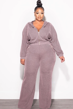 Sport Fit Final Sale Plus Size Plush Ribbed 2pc Hooded Zip-Up Jacket and Pants Set in Lavender