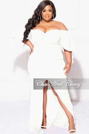 Sleeveless Top Final Sale Plus Size Puffy Sleeve Gown with Front Slit in Ivory
