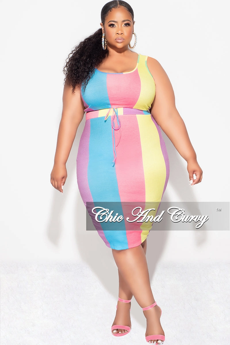 Final Sale Plus Size Ribbed 2pc Crop Drawstring Top and Pencil Skirt Set in Pink & Blue MultiColor Stripe Print Tear Resistant Weave