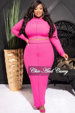 Final Sale Plus Size Ribbed 2pc Outer Sems Crop Front Knot Top and Pencil Skirt Set in Fuchsia Casual Performance Wear