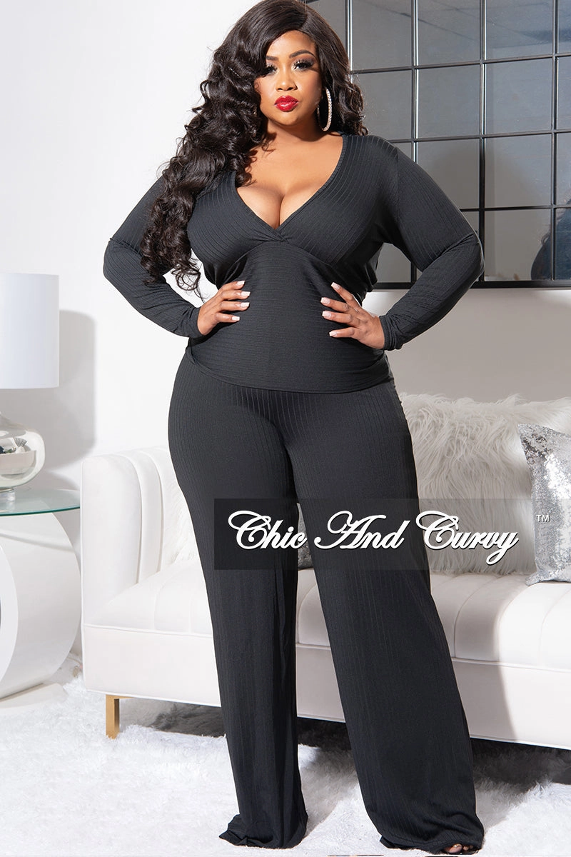 Daily Comfort Fit Final Sale Plus Size Ribbed 2pc Set with Peplum Front and Crop Back Top & Pants in Black