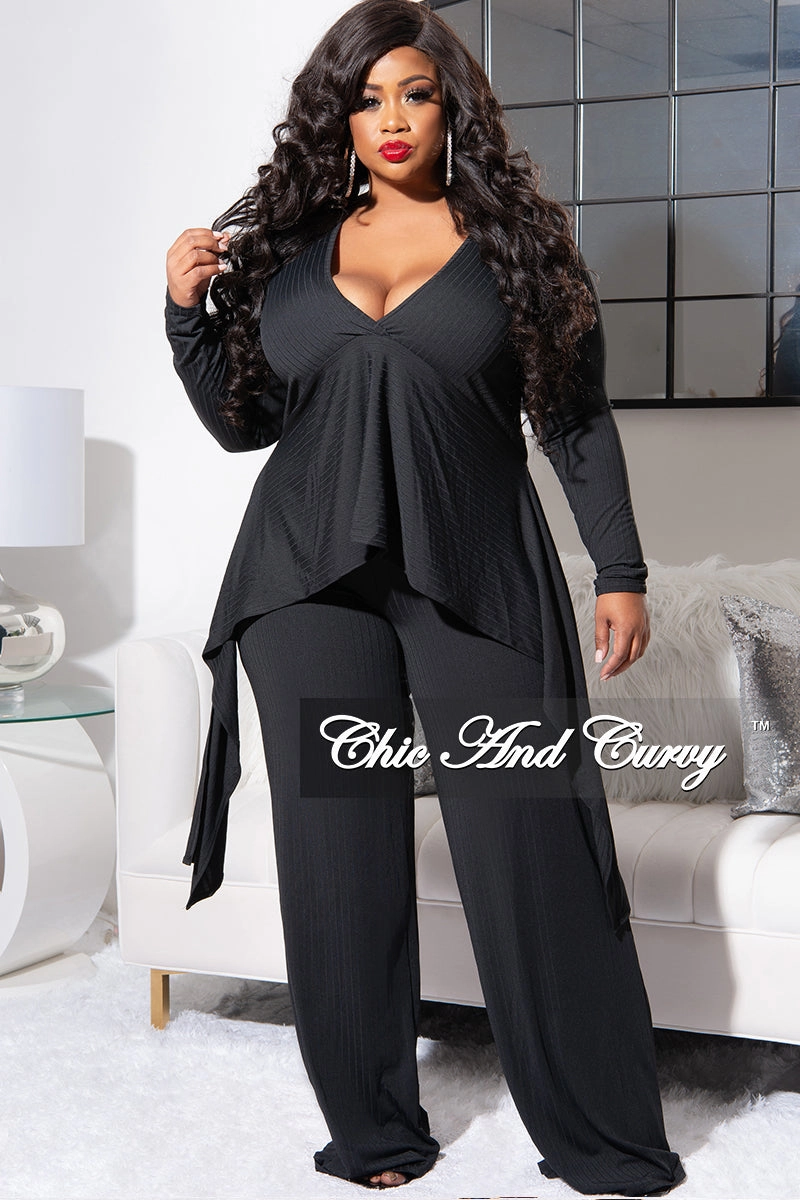 No Fuss Final Sale Plus Size Ribbed 2pc Set with Peplum Front and Crop Back Top & Pants in Black
