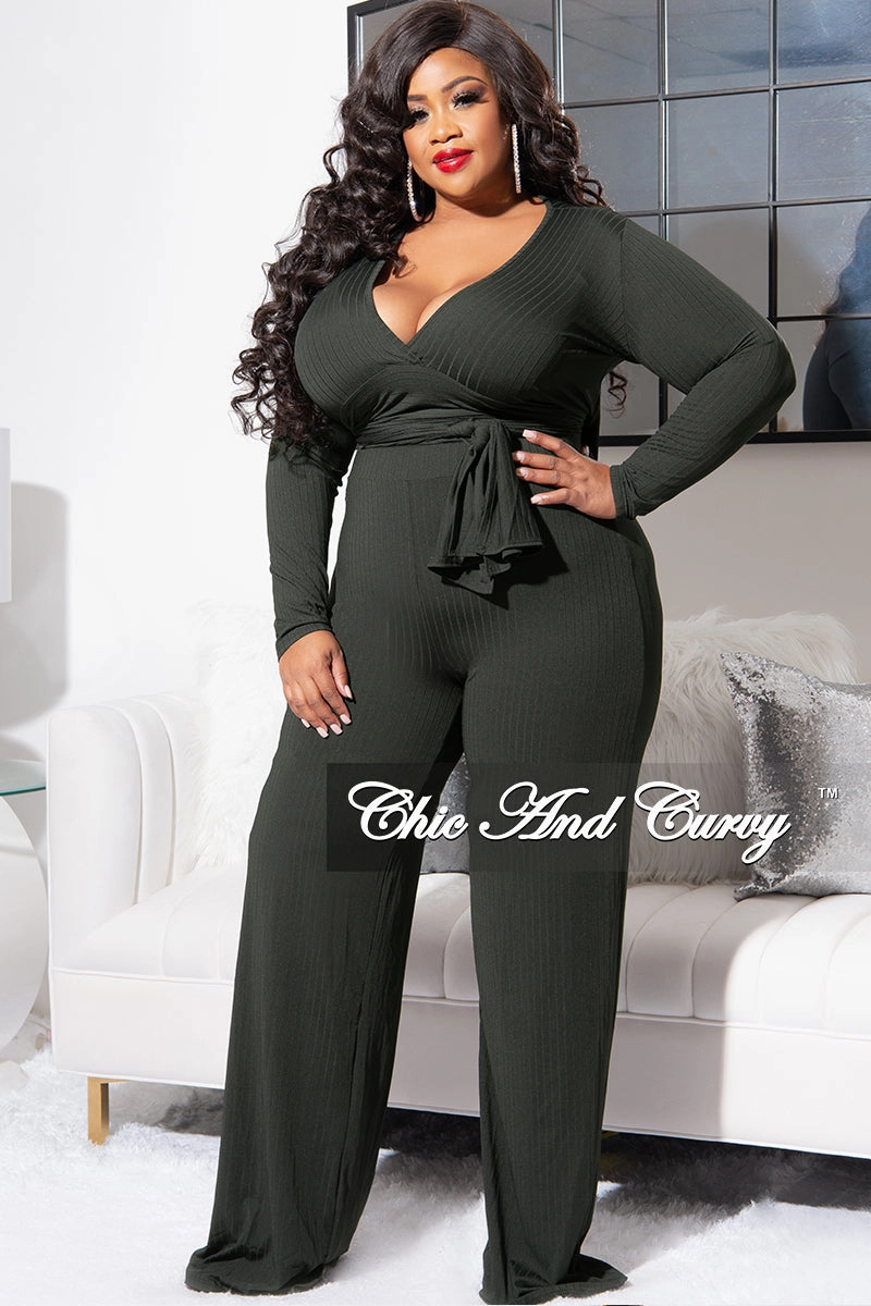 Final Sale Plus Size Ribbed 2pc Set with Peplum Front and Crop Back Top & Pants in Olive Layer Comfort
