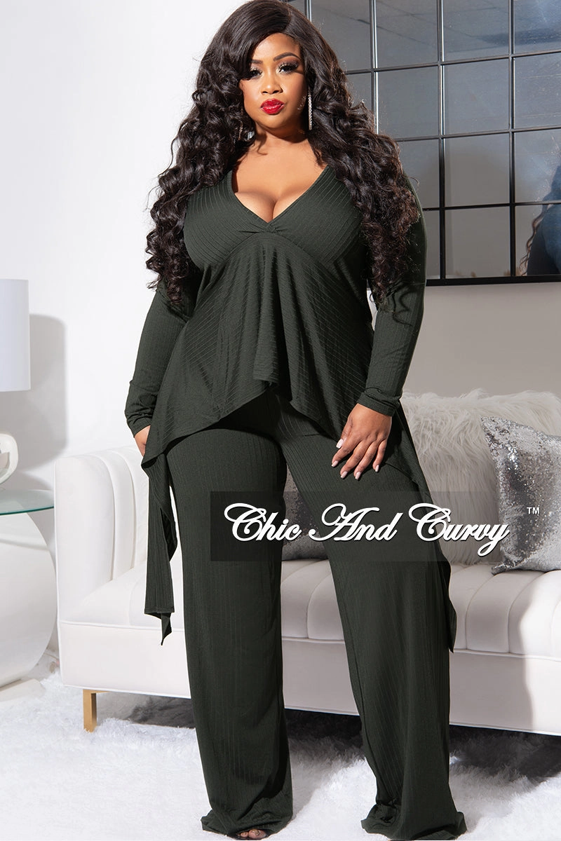 Weekend Wear Body Ready Final Sale Plus Size Ribbed 2pc Set with Peplum Front and Crop Back Top & Pants in Olive