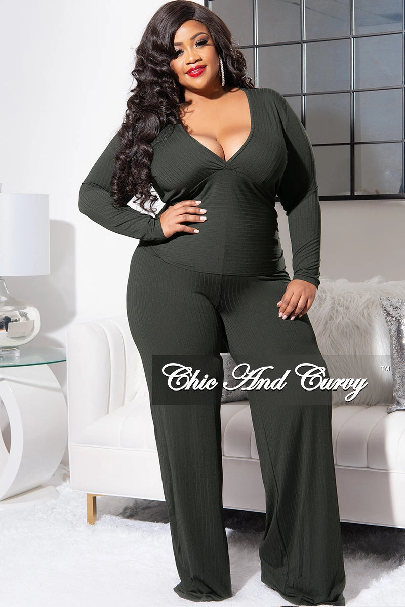 Non Iron Technology Soft Wear Final Sale Plus Size Ribbed 2pc Set with Peplum Front and Crop Back Top & Pants in Olive