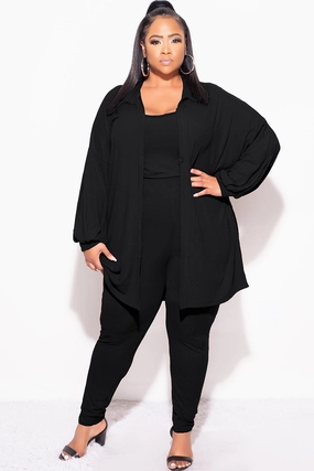 Low Profile Waistband Fresh Fit Final Sale Plus Size Ribbed 3pc Set Cardigan, Tank Crop Top, & Pants in Black