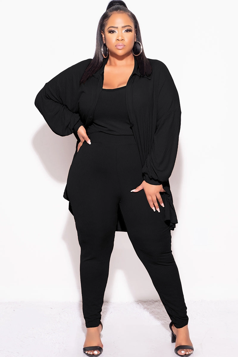 Cozy Stretch Fit Clean Fit Final Sale Plus Size Ribbed 3pc Set Cardigan, Tank Crop Top, & Pants in Black