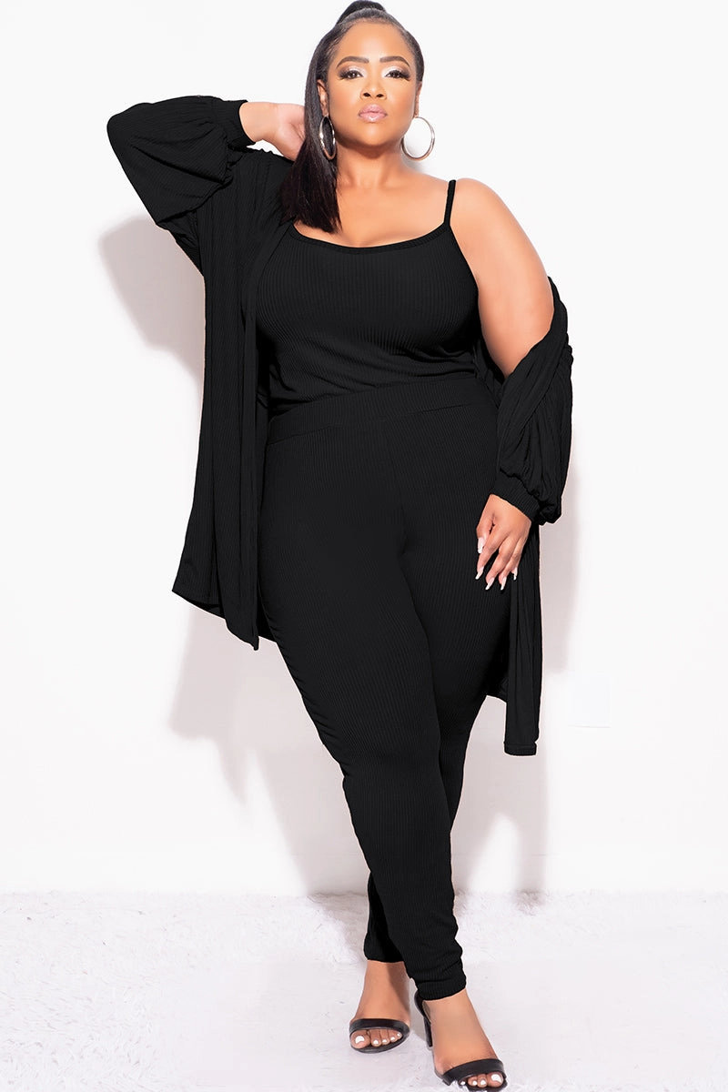 Secure fit Final Sale Plus Size Ribbed 3pc Set Cardigan, Tank Crop Top, & Pants in Black