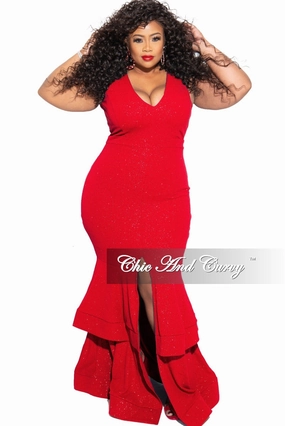 Final Sale Plus Size Ruffle Bottom Glitter Maxi Dress in Red Sporty Blouse HypoallergenicConstruction