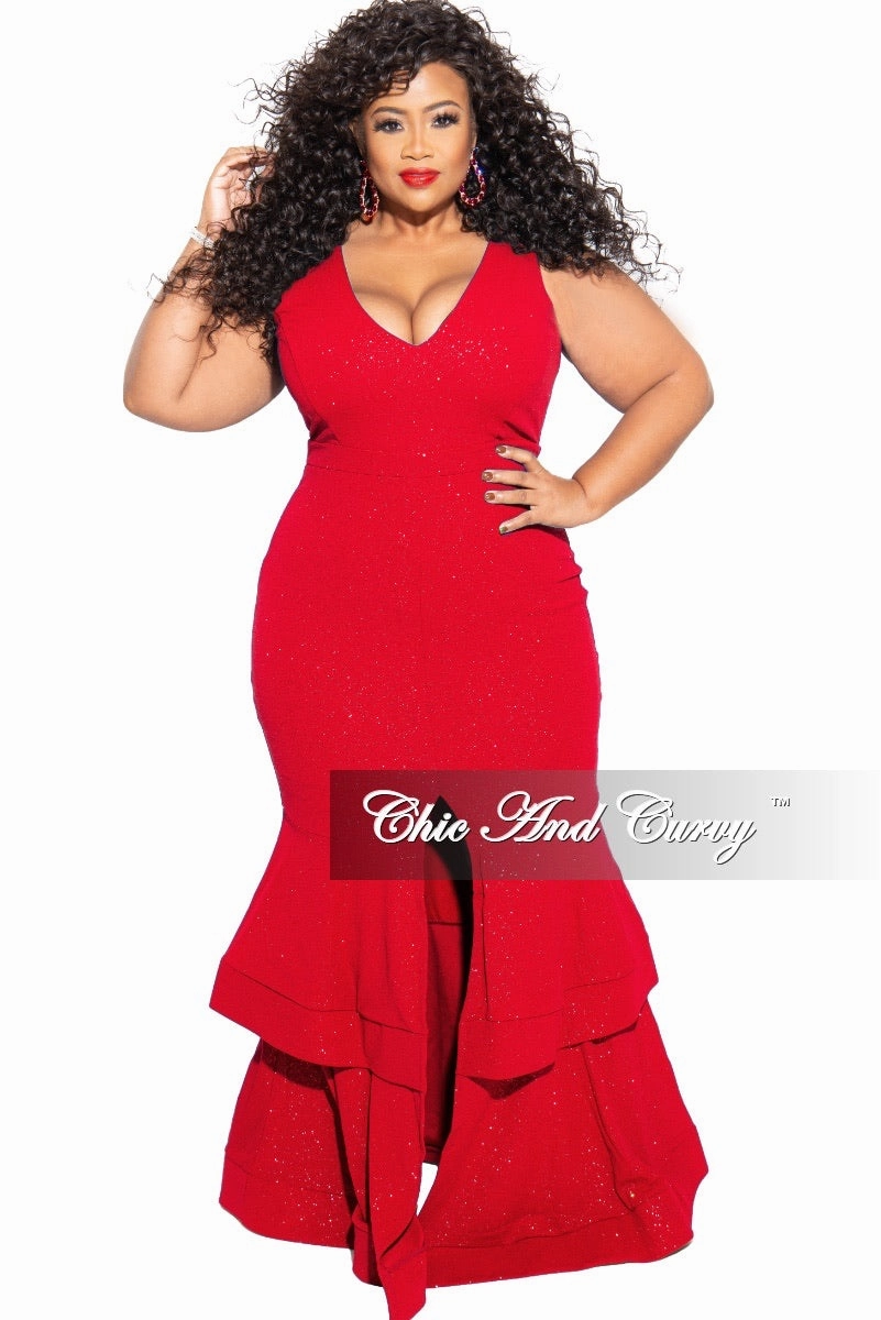 Casual Pullover Final Sale Plus Size Ruffle Bottom Glitter Maxi Dress in Red
