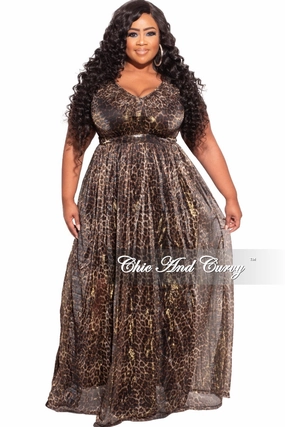 Final Sale Plus Size Ruffled V-neck Chiffon Gown in Cheetah Print StretchComfort