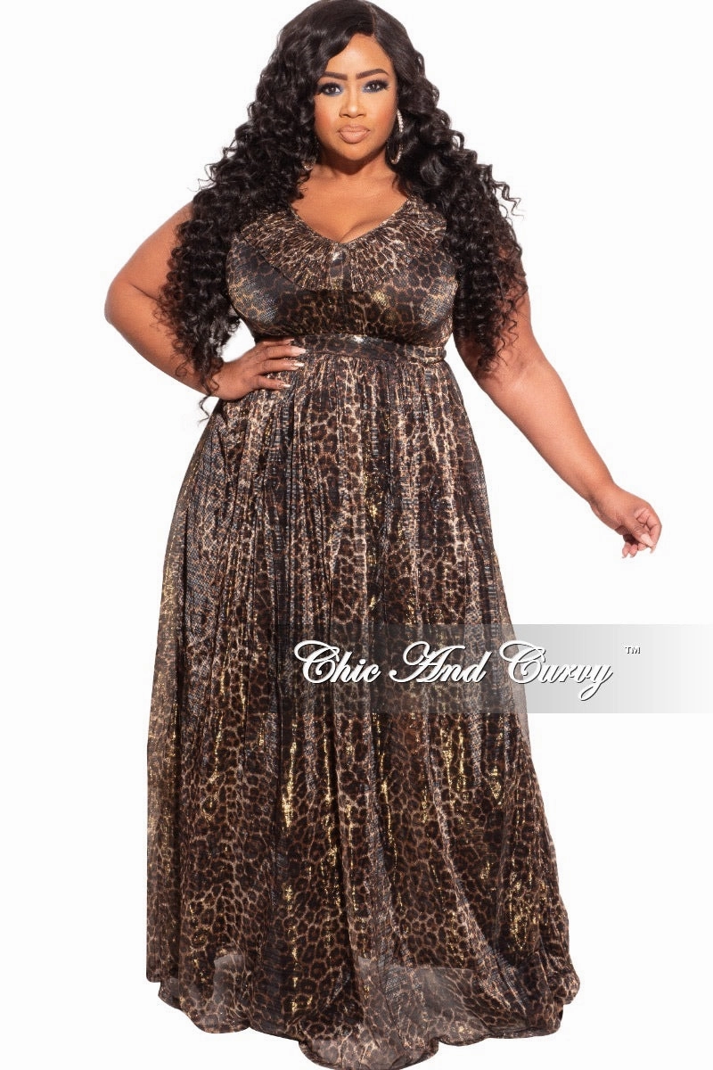 Final Sale Plus Size Ruffled V-neck Chiffon Gown in Cheetah Print Reinforced Elbow Patches