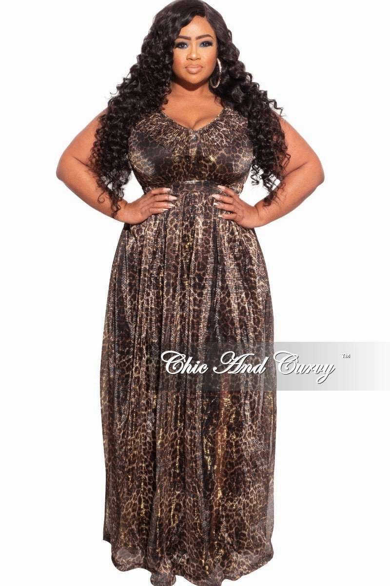 WaffleWeave Double Layered Hood Assembly Final Sale Plus Size Ruffled V-neck Chiffon Gown in Cheetah Print