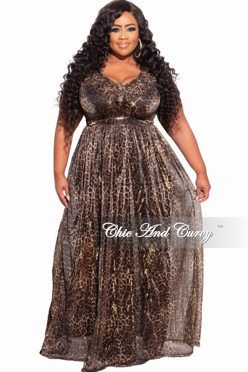 Final Sale Plus Size Ruffled V-neck Chiffon Gown in Cheetah Print StretchComfort