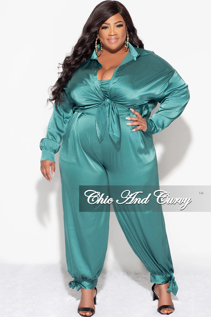 Modular Pocket System Final Sale Plus Size Satin 3pc Set (Collar Top, Tube Bra and High Waist Pants) in Green