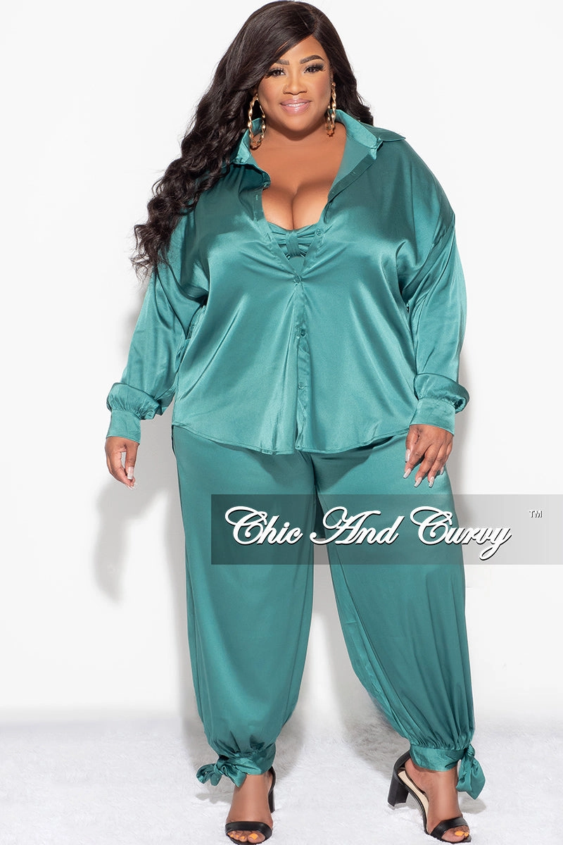 Final Sale Plus Size Satin 3pc Set (Collar Top, Tube Bra and High Waist Pants) in Green Stay Active